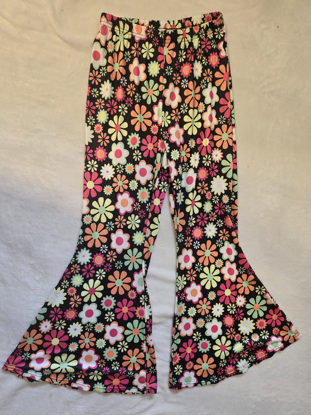 Source Unknown Black Bell Bottom Pants with Neon Floral Print
